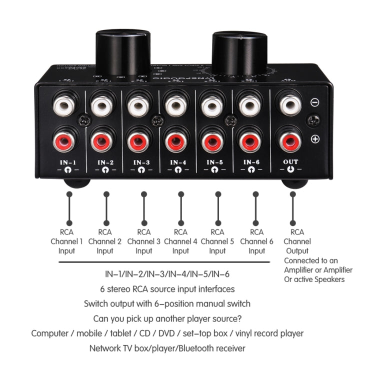 B016 6 Input 1 Output Audio Signal Source Selection Switcher, Output Volume Adjustment Control RCA Port -  by buy2fix | Online Shopping UK | buy2fix