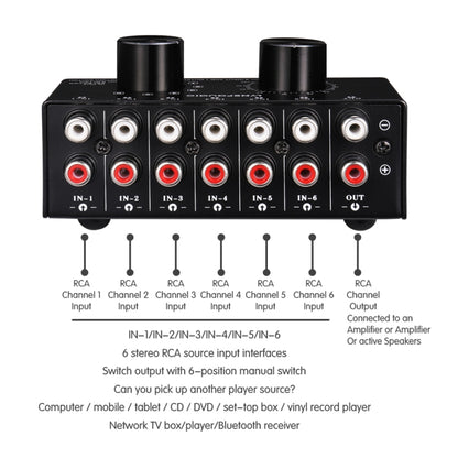 B016 6 Input 1 Output Audio Signal Source Selection Switcher, Output Volume Adjustment Control RCA Port -  by buy2fix | Online Shopping UK | buy2fix