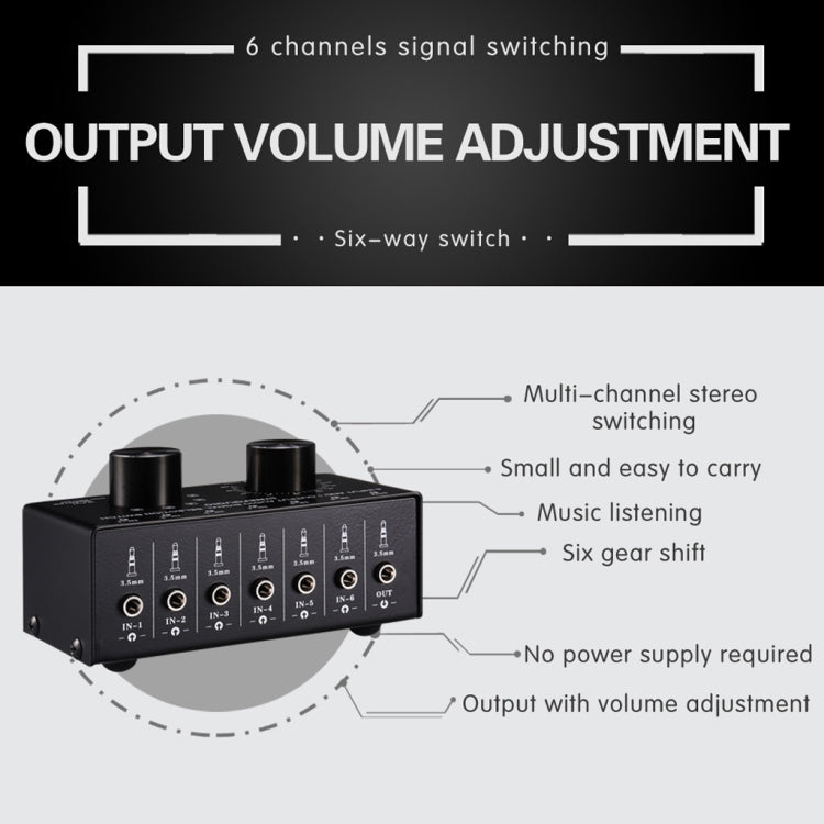 B017 6 Input 1 Output Audio Signal Selection Switcher Output Volume Adjustment Control 3.5mm Interface -  by buy2fix | Online Shopping UK | buy2fix