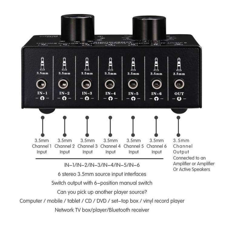 B017 6 Input 1 Output Audio Signal Selection Switcher Output Volume Adjustment Control 3.5mm Interface -  by buy2fix | Online Shopping UK | buy2fix