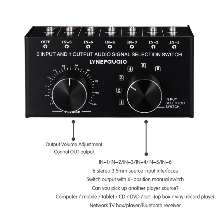 B017 6 Input 1 Output Audio Signal Selection Switcher Output Volume Adjustment Control 3.5mm Interface -  by buy2fix | Online Shopping UK | buy2fix