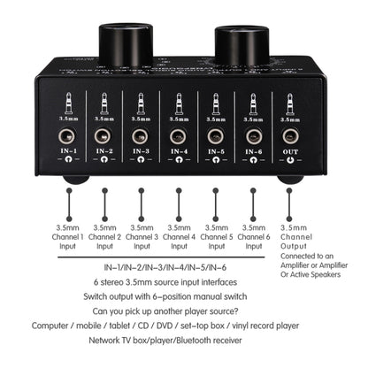 B017 6 Input 1 Output Audio Signal Selection Switcher Output Volume Adjustment Control 3.5mm Interface -  by buy2fix | Online Shopping UK | buy2fix
