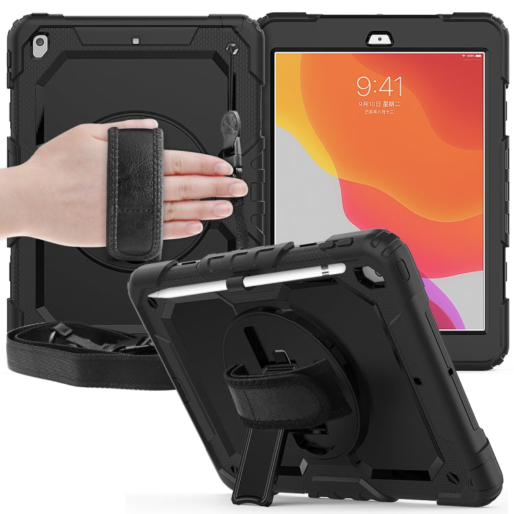 For iPad 10.2 Shockproof Colorful Silica Gel + PC Protective Case with Holder & Shoulder Strap & Hand Strap & Pen Slot(Black) by buy2fix