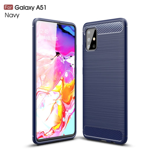 Pour Galaxy A51 Coque TPU en fibre de carbone à texture brossée (bleu marine)