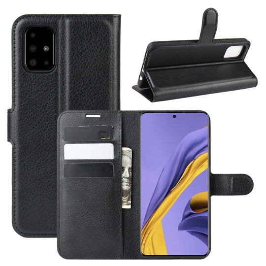 Pour Galaxy A51 (4G) Étui de protection à rabat horizontal à texture Litchi avec support, fentes pour cartes et portefeuille (noir)