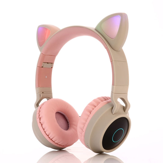 BT028C Cute Cat Ear Bluetooth 5.0 Headphones Foldable On-Ear Stereo Wireless Headset Headphone with Mic / LED Light / FM Radio / TF Card(Gray) by buy2fix