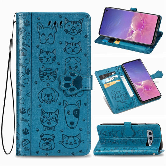 For Galaxy S10E Cute Cat and Dog Embossed Horizontal Flip Leather Case with Bracket / Card Slot / Wallet / Lanyard(Blue) by buy2fix