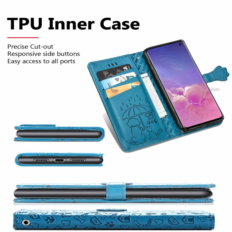 For Galaxy S10E Cute Cat and Dog Embossed Horizontal Flip Leather Case with Bracket / Card Slot / Wallet / Lanyard(Blue) by buy2fix