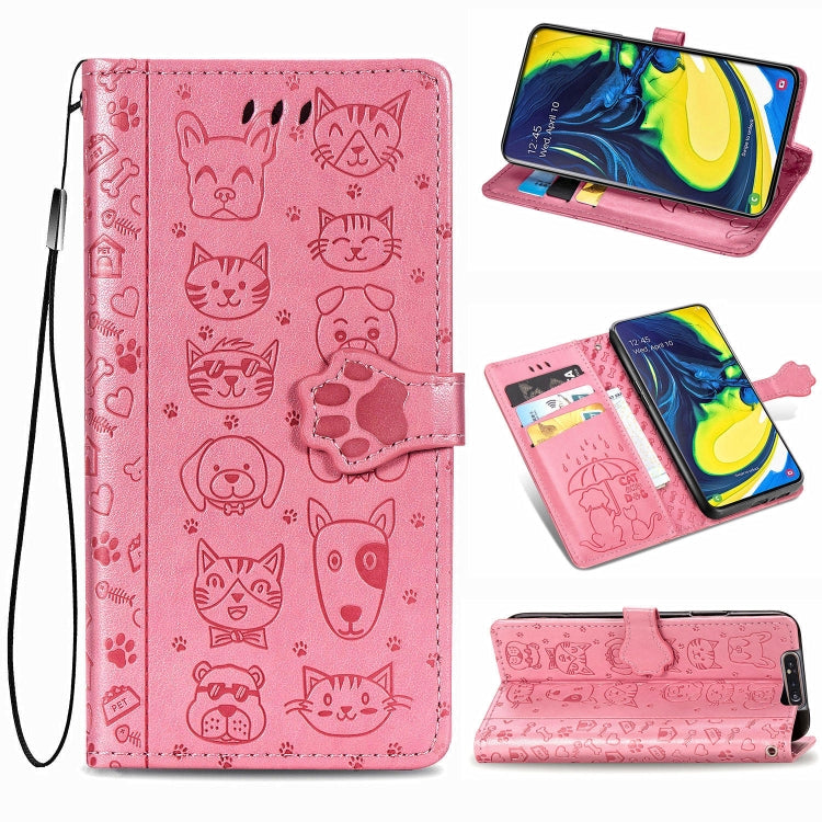 For Galaxy A80/A90 Cute Cat and Dog Embossed Horizontal Flip Leather Case with Bracket / Card Slot / Wallet / Lanyard(Pink) by buy2fix