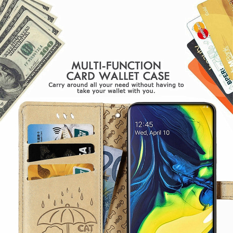 For Galaxy A80/A90 Cute Cat and Dog Embossed Horizontal Flip Leather Case with Bracket / Card Slot / Wallet / Lanyard(Pink) by buy2fix