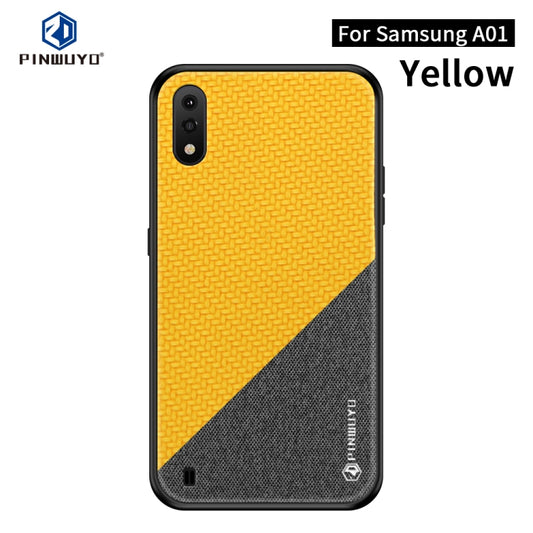 For Galaxy A01PINWUYO Rong Series  Shockproof PC + TPU+ Chemical Fiber Cloth Protective Cover(Yellow) - Galaxy Phone Cases by PINWUYO | Online Shopping UK | buy2fix