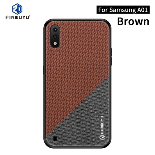 For Galaxy A01 PINWUYO Rong Series  Shockproof PC + TPU+ Chemical Fiber Cloth Protective Cover(Brown) - Galaxy Phone Cases by PINWUYO | Online Shopping UK | buy2fix