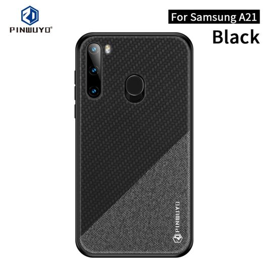 For Galaxy A21 PINWUYO Rong Series  Shockproof PC + TPU+ Chemical Fiber Cloth Protective Cover(Black) - Galaxy Phone Cases by PINWUYO | Online Shopping UK | buy2fix