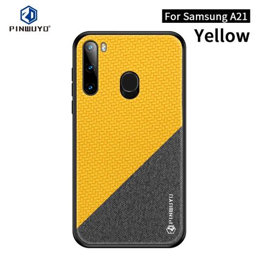 For Galaxy A21 PINWUYO Rong Series  Shockproof PC + TPU+ Chemical Fiber Cloth Protective Cover(Yellow) - Galaxy Phone Cases by PINWUYO | Online Shopping UK | buy2fix