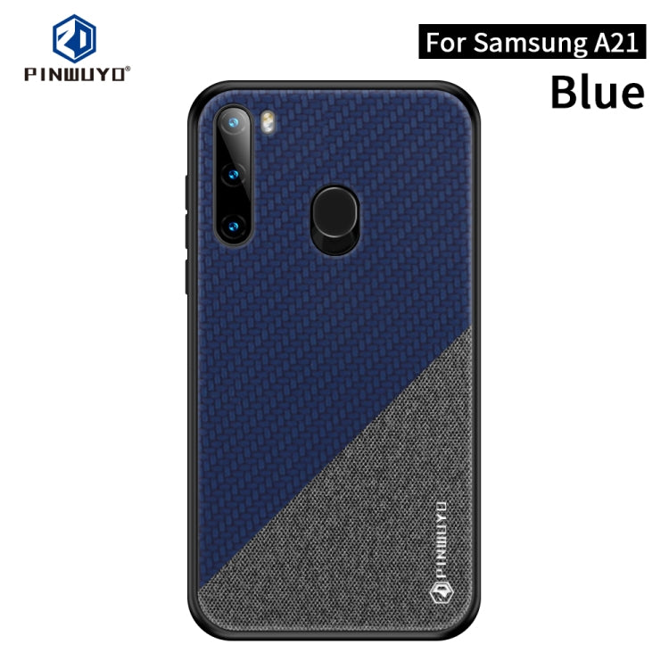 For Galaxy A21 PINWUYO Rong Series  Shockproof PC + TPU+ Chemical Fiber Cloth Protective Cover(Blue) - Galaxy Phone Cases by PINWUYO | Online Shopping UK | buy2fix