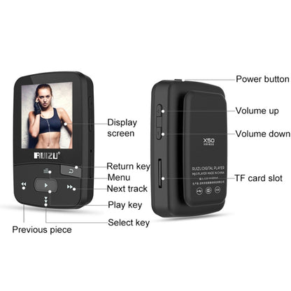 Original RUIZU X50 Sport Bluetooth MP3 Player 8gb Clip Mini with Screen Support FM,Recording,E-Book,Clock,Pedometer - MP3 Player by buy2fix | Online Shopping UK | buy2fix