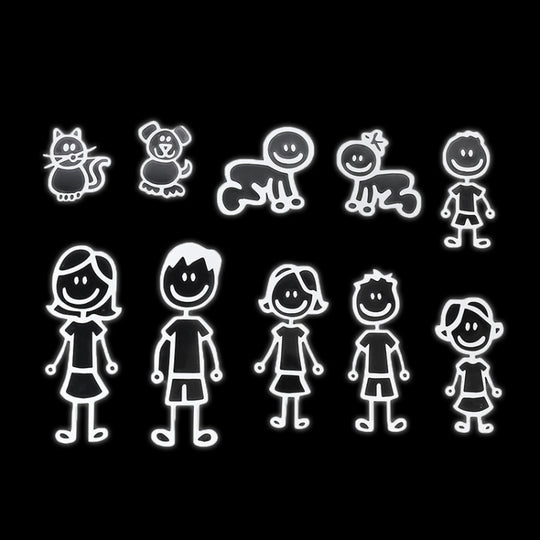 Autocollant décoratif en vinyle réfléchissant pour voiture, 10 pièces, motif membre de la famille, autocollant de voiture de dessin animé (blanc)