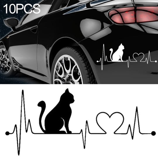 10 pièces autocollants en vinyle en forme de ligne de vie de battement de coeur de chat autocollants de voiture créatifs accessoires de camion de style de voiture, taille: 26.5x12 cm (noir)