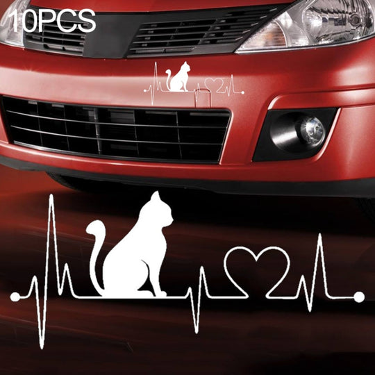10 pièces autocollants en vinyle en forme de ligne de vie de battement de coeur de chat autocollants de voiture créatifs accessoires de camion de style de voiture, taille: 26.5x12 cm (argent)