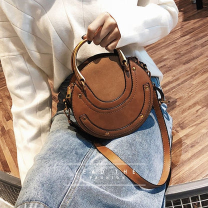 Circular Scrub PU Leather Women Bags Retro Handbag Shoulder Mini Bag(Brown) - Handbags by buy2fix | Online Shopping UK | buy2fix