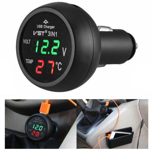 3 In 1 Car USB Charger Car Cigarette Lighter With Voltage Detection Display Multi-function Monitoring Table(Red Green) - Car Charger by buy2fix | Online Shopping UK | buy2fix