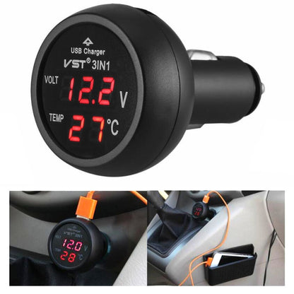 3 In 1 Car USB Charger Car Cigarette Lighter With Voltage Detection Display Multi-function Monitoring Table(Red) - Car Charger by buy2fix | Online Shopping UK | buy2fix