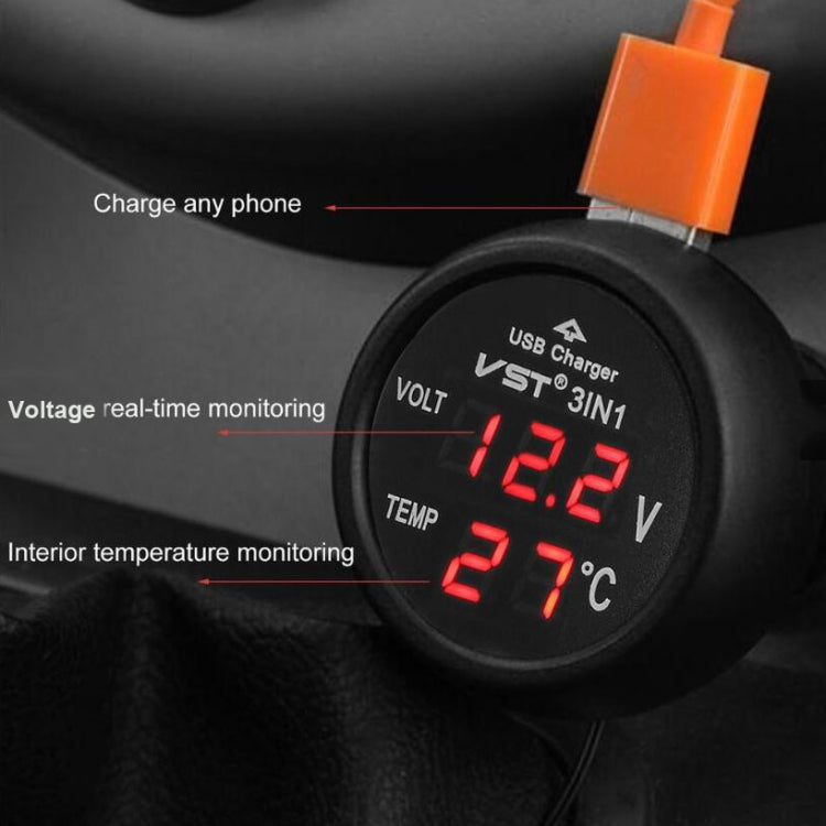 3 In 1 Car USB Charger Car Cigarette Lighter With Voltage Detection Display Multi-function Monitoring Table(Red) - Car Charger by buy2fix | Online Shopping UK | buy2fix