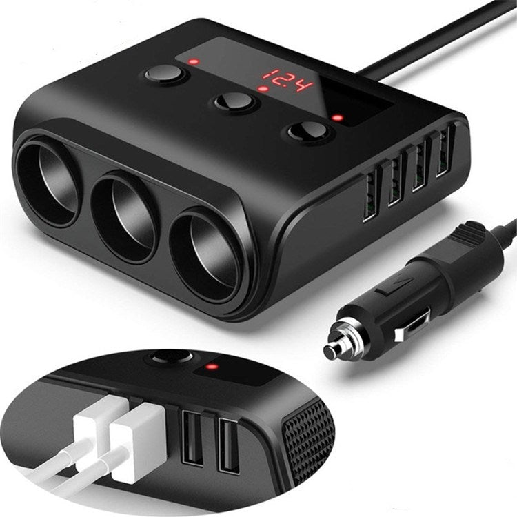 TR12 3 in 1 100W 4USB Car Cigarette Lighter with Switch Voltage Display(Black) - Cigar Socket by buy2fix | Online Shopping UK | buy2fix