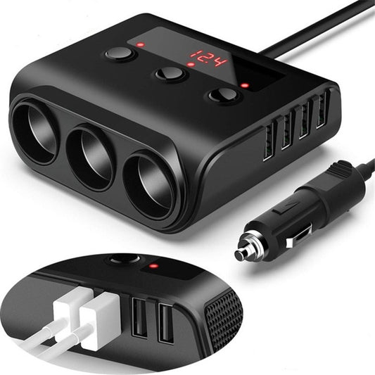 TR12 3 in 1 100W 4USB Car Cigarette Lighter with Switch Voltage Display(Black) - Cigar Socket by buy2fix | Online Shopping UK | buy2fix