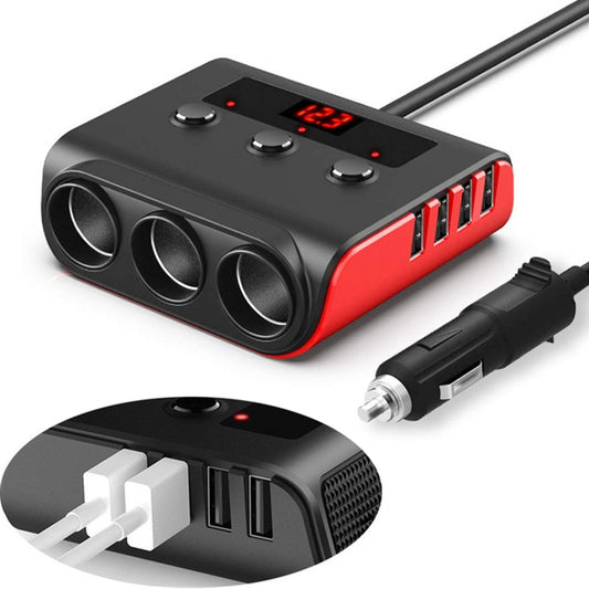 TR12 3 in 1 100W 4USB Car Cigarette Lighter with Switch Voltage Display(Black Red) - Cigar Socket by buy2fix | Online Shopping UK | buy2fix