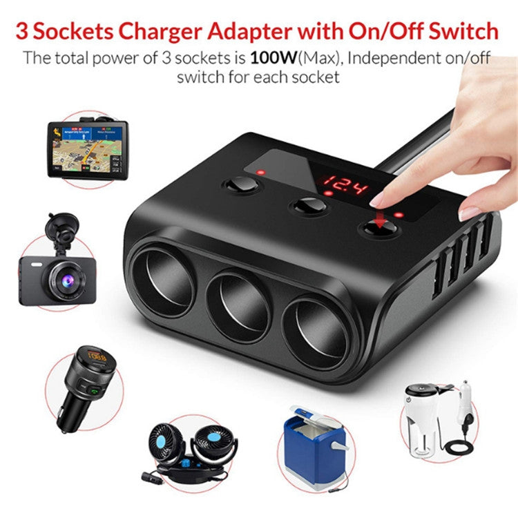 TR12 3 in 1 100W 4USB Car Cigarette Lighter with Switch Voltage Display(Black) - Cigar Socket by buy2fix | Online Shopping UK | buy2fix