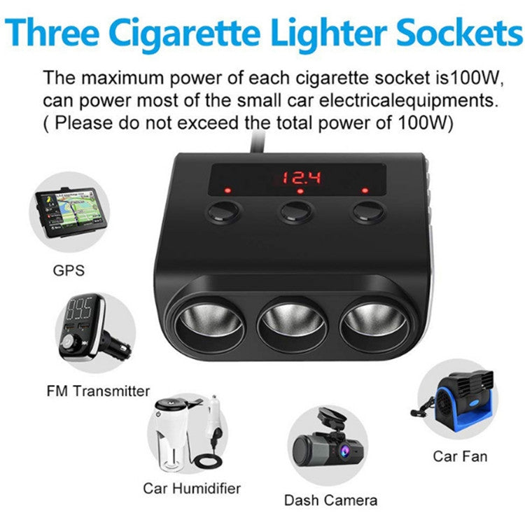 TR12 3 in 1 100W 4USB Car Cigarette Lighter with Switch Voltage Display(Black) - Cigar Socket by buy2fix | Online Shopping UK | buy2fix