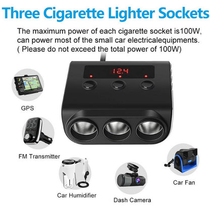 TR12 3 in 1 100W 4USB Car Cigarette Lighter with Switch Voltage Display(Black) - Cigar Socket by buy2fix | Online Shopping UK | buy2fix