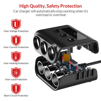 TR12 3 in 1 100W 4USB Car Cigarette Lighter with Switch Voltage Display(Black) - Cigar Socket by buy2fix | Online Shopping UK | buy2fix