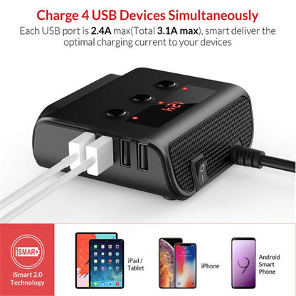 TR12 3 in 1 100W 4USB Car Cigarette Lighter with Switch Voltage Display(Black) - Cigar Socket by buy2fix | Online Shopping UK | buy2fix