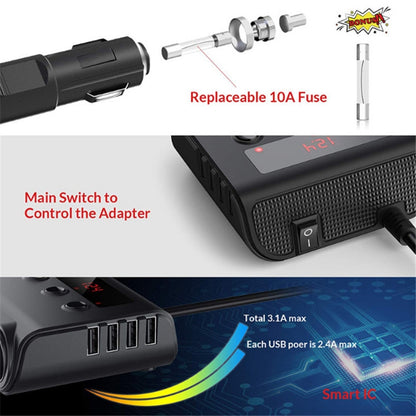 TR12 3 in 1 100W 4USB Car Cigarette Lighter with Switch Voltage Display(Black) - Cigar Socket by buy2fix | Online Shopping UK | buy2fix