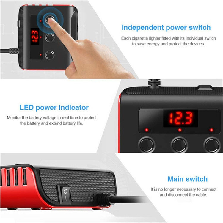 TR12 3 in 1 100W 4USB Car Cigarette Lighter with Switch Voltage Display(Black) - Cigar Socket by buy2fix | Online Shopping UK | buy2fix