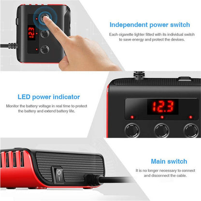 TR12 3 in 1 100W 4USB Car Cigarette Lighter with Switch Voltage Display(Black) - Cigar Socket by buy2fix | Online Shopping UK | buy2fix