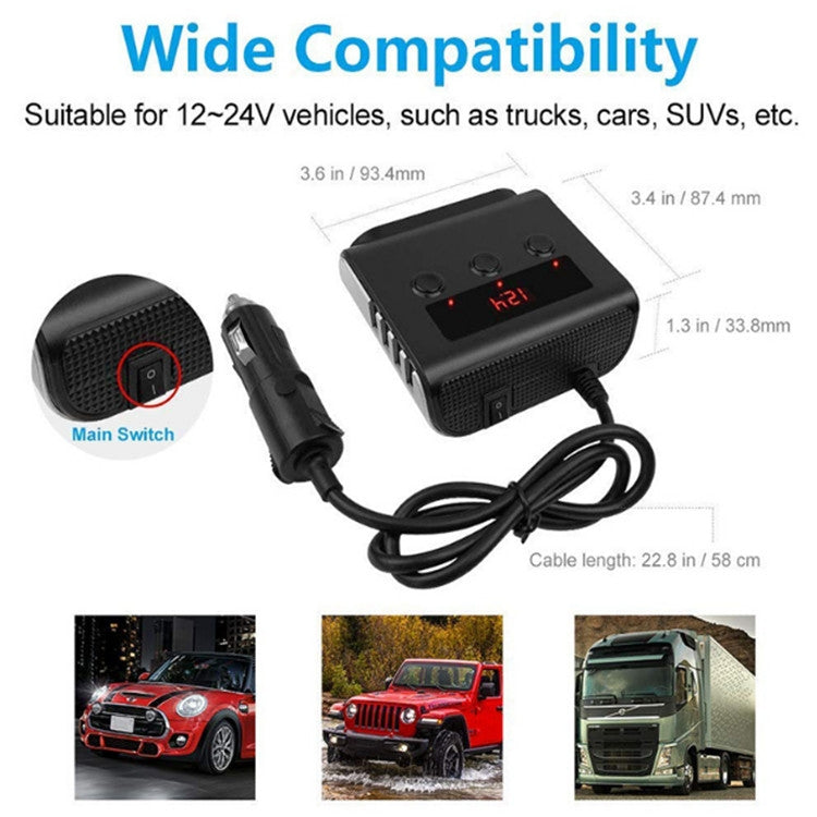 TR12 3 in 1 100W 4USB Car Cigarette Lighter with Switch Voltage Display(Black) - Cigar Socket by buy2fix | Online Shopping UK | buy2fix