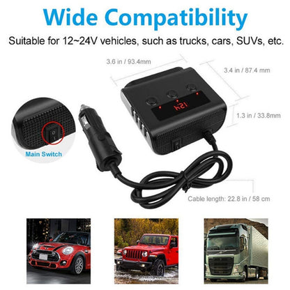 TR12 3 in 1 100W 4USB Car Cigarette Lighter with Switch Voltage Display(Black) - Cigar Socket by buy2fix | Online Shopping UK | buy2fix