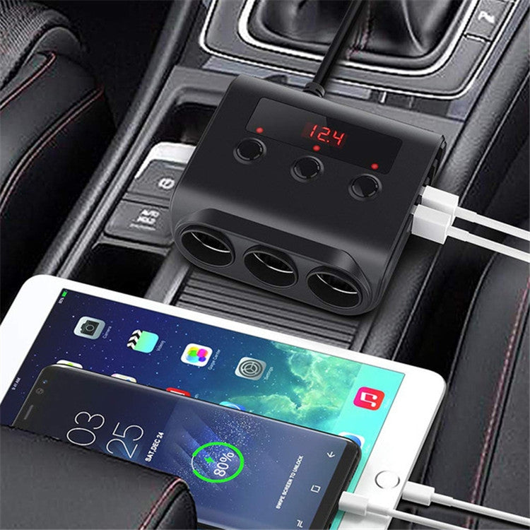 TR12 3 in 1 100W 4USB Car Cigarette Lighter with Switch Voltage Display(Black) - Cigar Socket by buy2fix | Online Shopping UK | buy2fix