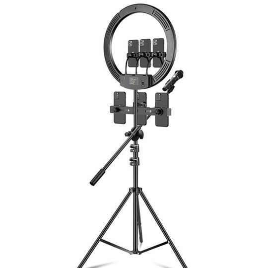 18 pouces + 6 clips de téléphone + poteau de microphone Température de couleur variable LED Anneau de remplissage de lumière Ensemble de diffusion en direct avec support de trépied de 2,1 m, prise CN