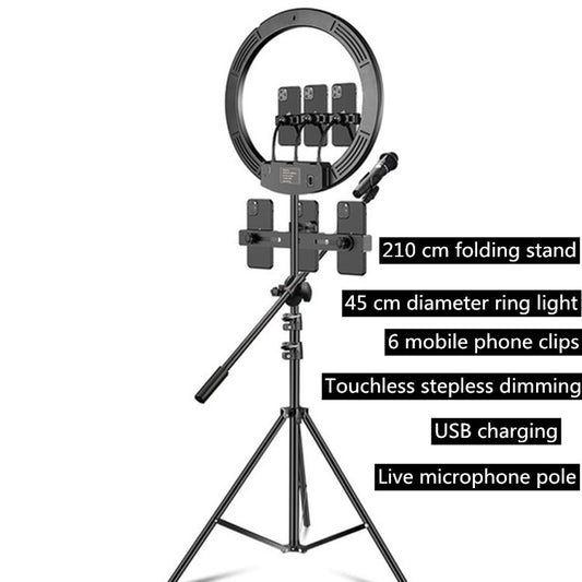 18 inch+6 Phone Clips+Microphone Pole Dimmable Color Temperature LED Ring Fill Light Live Broadcast Set With 2.1m Tripod Mount, CN Plug - Ring Light by buy2fix | Online Shopping UK | buy2fix