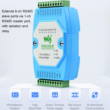 Waveshare RS485-HUB-8P Industrial-grade Isolated 8-ch RS485 Hub, Rail-mount Support, Wide Baud Rate Range - Transmitters & Receivers Module by Waveshare | Online Shopping UK | buy2fix