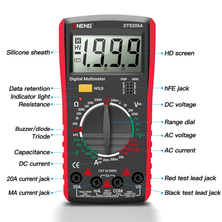ANENG Automatic High-Precision Intelligent Digital Multimeter, Model:DT9205A HOLD Key(Red) - Digital Multimeter by ANENG | Online Shopping UK | buy2fix