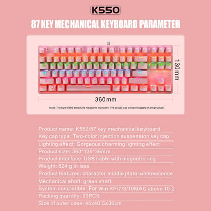 LEAVEN K550 87 Keys Green Shaft Gaming Athletic Office Notebook Punk Mechanical Keyboard, Cable Length: 1.8m(Pink) by buy2fix