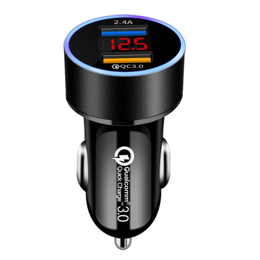 2 PCS Aluminum Ring Display Car Charger  QC3.0+2.4A Aluminum Alloy Multi-function Halo Digital Display Car Charger(Elegant Black) - Car Charger by buy2fix | Online Shopping UK | buy2fix