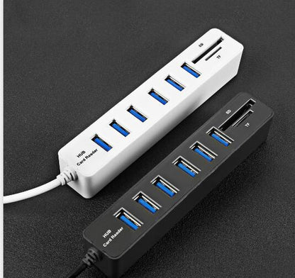 Multi USB 2.0 Hub USB Splitter High Speed 6 Ports with TF SD Card Reader(White) by buy2fix