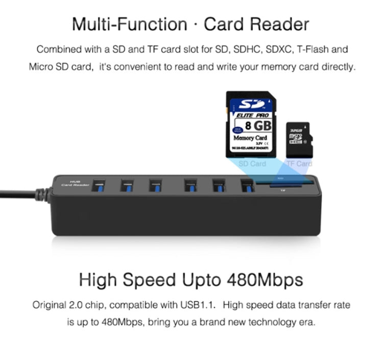 Multi USB 2.0 Hub USB Splitter High Speed 6 Ports with TF SD Card Reader(White) by buy2fix