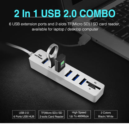 Multi USB 2.0 Hub USB Splitter High Speed 6 Ports with TF SD Card Reader(White) by buy2fix